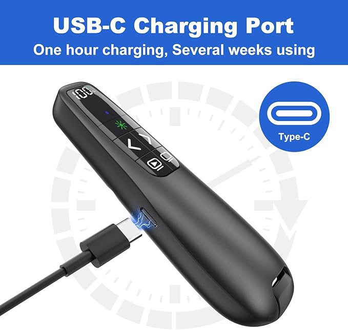 Rechargeable Presentation Clicker with Case, Power Digital Display Wireless Presenter Remote, USB C Green Light Pointer Computer PowerPoint PPT Clickers for Mac Laptop, Slideshow Google Slide Advancer