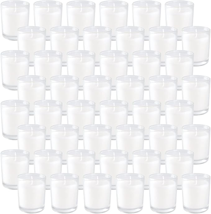 Set of 48 White Votive Candles, Unscented Candles Filled in Clear Glass - Image 2