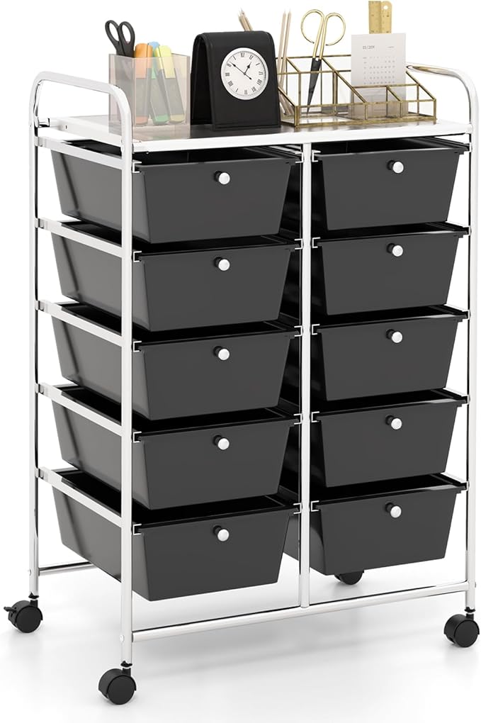 HAPPYGRILL 10-Drawer Rolling Storage Cart, Storage Organizer Cart with Lockable Wheels, Beauty Salon Movable Utility Cart for School, Office, Home, (Black)