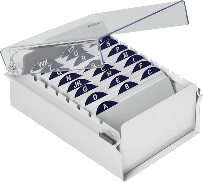 Acrimet 3 x 5 Card File Holder Organizer Box Metal Base Heavy Duty (AZ Index Cards and Divider Included) (White Color with Clear Crystal Plastic Lid Cover)