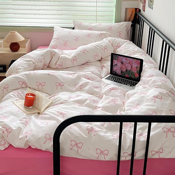 Nayoroom Pink Bow Duvet Cover Queen Size Polka Dot Bowknot Coquette Duvet Cover - Image 2