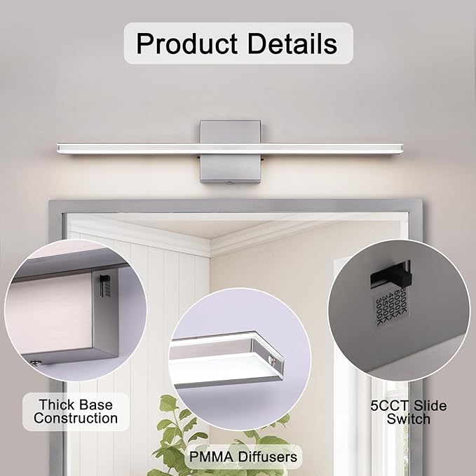 LED Modern Bathroom Light Fixtures 18W Brushed Nickel Vanity Lights Bar 5CCT - Image 6