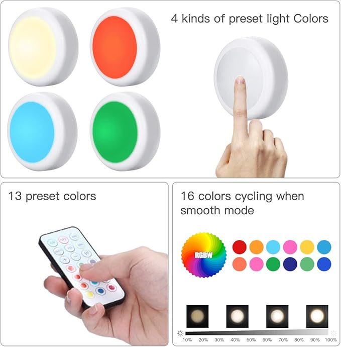 HELPLEX LED Puck Lights with Remote, 3 Pack Color Changing RGBW Stick-On Light - Image 8