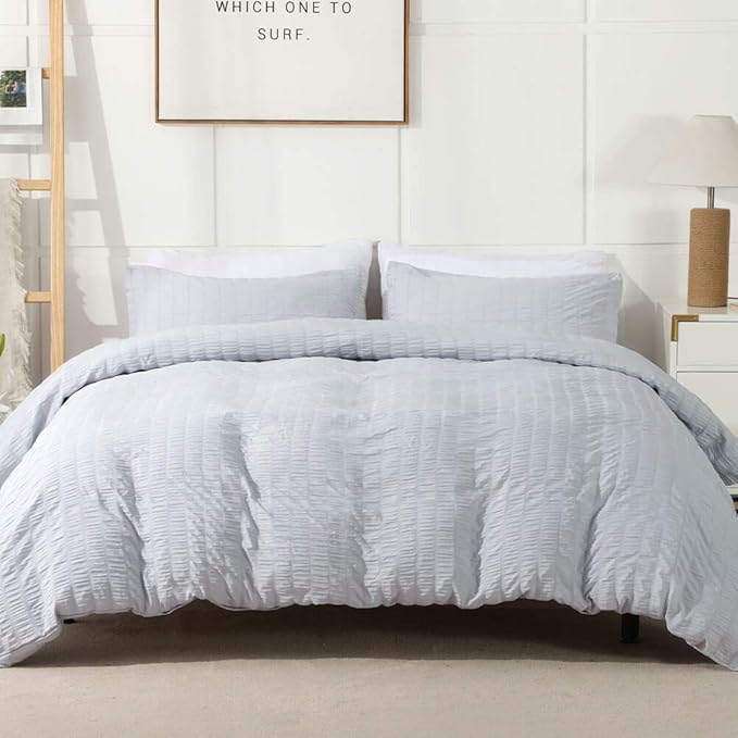 AveLom Light Gray Duvet Cover King, 3 Pieces, Seersucker Striped Soft Washed by AveLom