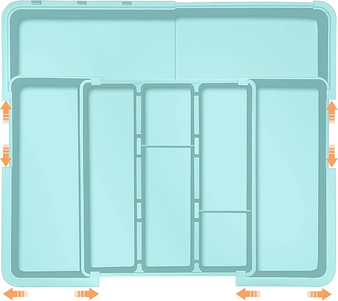 Large Utensil Drawer Organizer Expandable Silverware Organizer for Kitchen Drawer Adjustable Cooking Utensil Holder Cutlery Flatware Tray Spatula Tools Gadgets Storage Dividers Plastic Turquoise