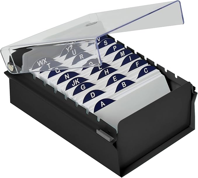 Acrimet 3 x 5 Card File Holder Organizer Box Metal Base Heavy Duty (AZ Index Cards and Divider Included) (Black Color with Clear Crystal Plastic Lid Cover)