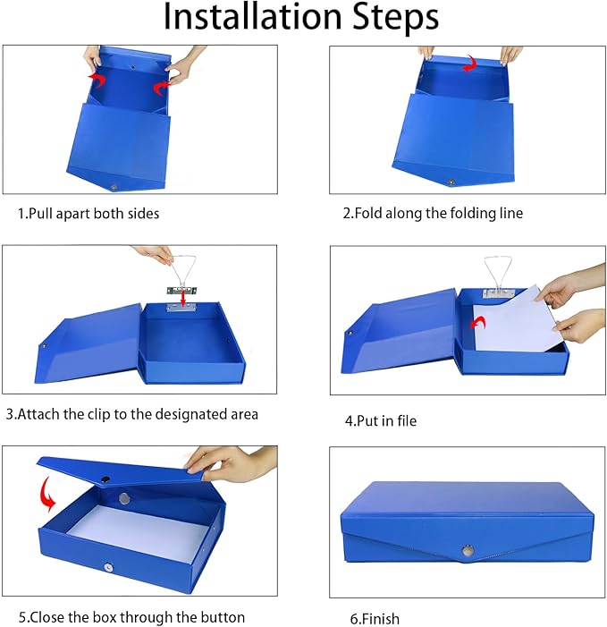 URbantin 6 Pack Foldable Plastic Box Files A4 with Metal Clip,65mm Spine,Document Archive Folders for Office（Blue）