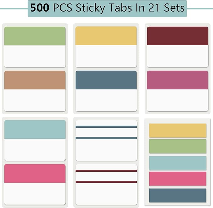 ELII 500 PCS Sticky Tabs 2 Inch Index Tabs, Colored Page Markers Repositionable Tags Reading Tabs Self Adhesive Tape Flags for Books, Binders, Notebook and File Folders