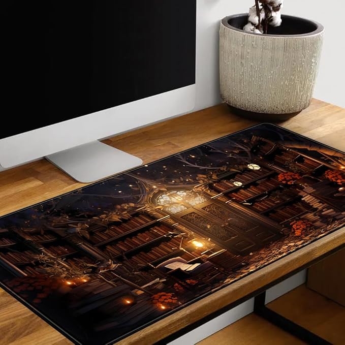 Medieval Bookshelf Desk Pad Mat Vintage Gothic Bookcase Bookshelf Deskpad Large Gaming Flower Mouse Pad XXL Plant Keyboard Mouse Pads Large 31.5x15.8 in-with Stitched Eges Non-Slip Base Mat