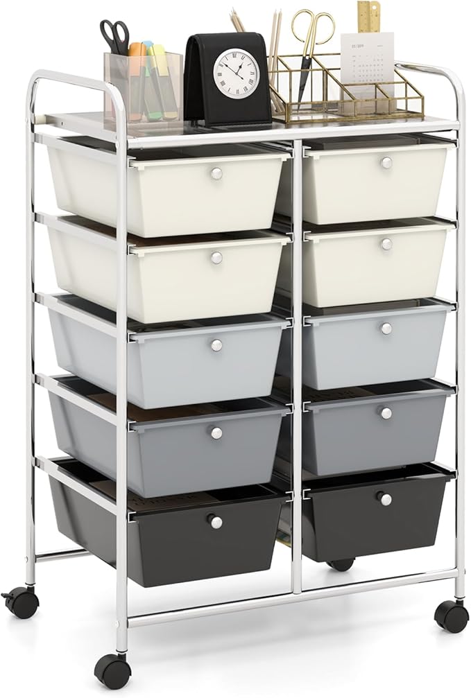 HAPPYGRILL 10-Drawer Rolling Storage Cart, Storage Organizer Cart with Lockable Wheels, Beauty Salon Movable Utility Cart for School, Office, Home, (Grey Gradient)