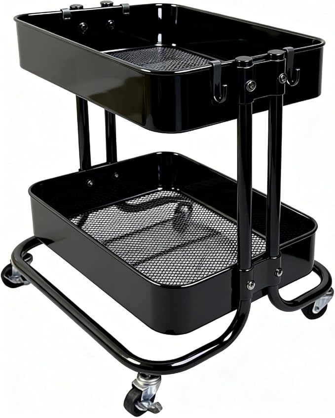 LiWNYRK 2 Tier Cart with Wheels Heavy Duty Metal Rolling Storage Cart for Under Desk Storage, Short Small Utility Shelf for Pantry Kitchen Bathroom Laundry, Home Organizer with Large Basket, Black