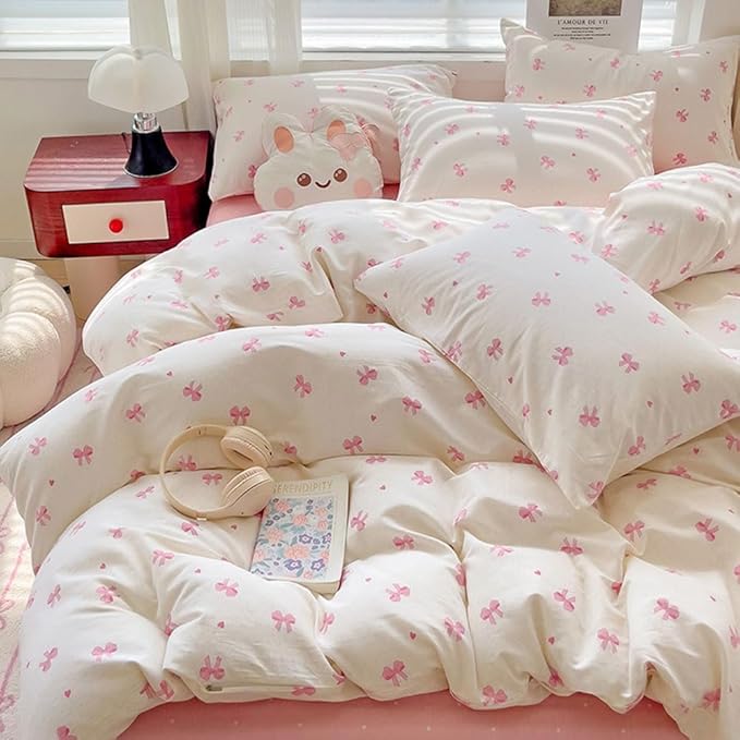 Nayoroom Pink Bow Duvet Cover Twin Size Heart Bows Printed Coquette Bedding Set - Image 3