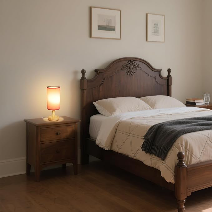 Pink Small Bedside Table Lamp for Bedroom, Natural Round Wood Base&Fabric Linen - Image 2