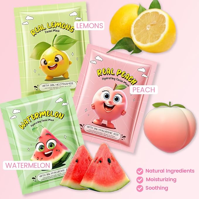 Kaely 6 Pack Fruit Face Masks for Kids, Kids Face Mask Spa Day Kit Supplies - Image 3