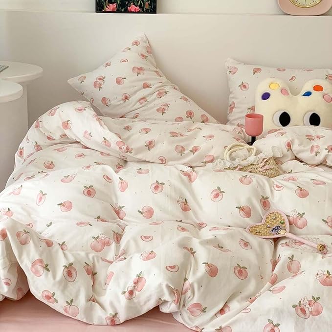 Nayoroom Pink Peach Duvet Cover Full Size Kawaii Fruit Peaches Rabbit Printed - Image 4