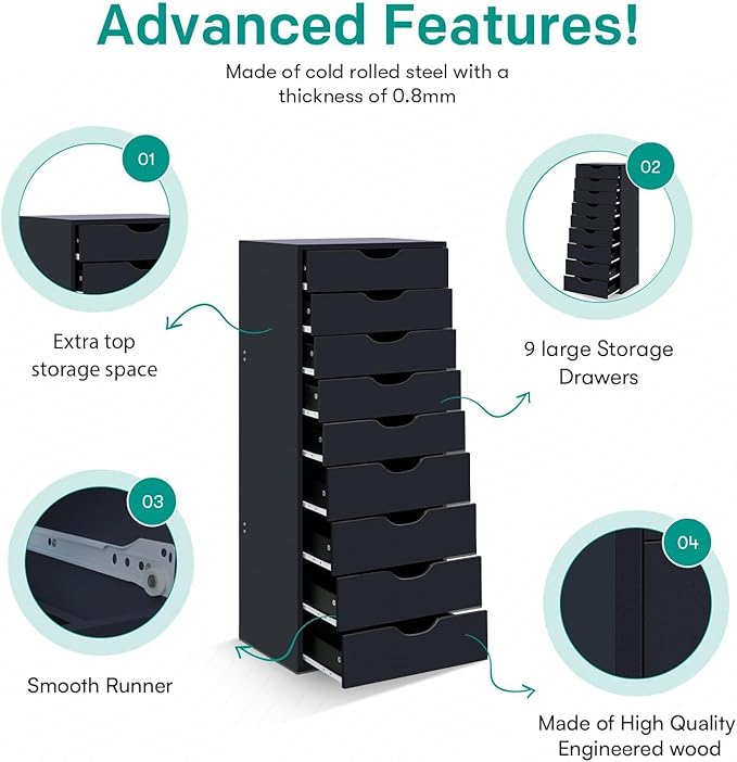 Naomi Home Bianca 9-Drawer Craft & Office Storage Cabinet, Black – Ultimate Rolling Organizer for Arts & Files, Ample Space in Compact Form, 15.7" D x 18.9" W x 39.3" H