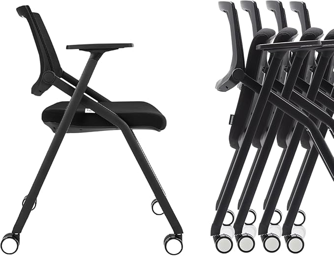 BROBRIYO, 10 Pack Stackable Conference Room Chairs with Wheels and Paddle, Ergonomic Mesh Back and Arms for Meeting, Conference, Reception, Training Room & Home Office Desk Folding Chairs, Black
