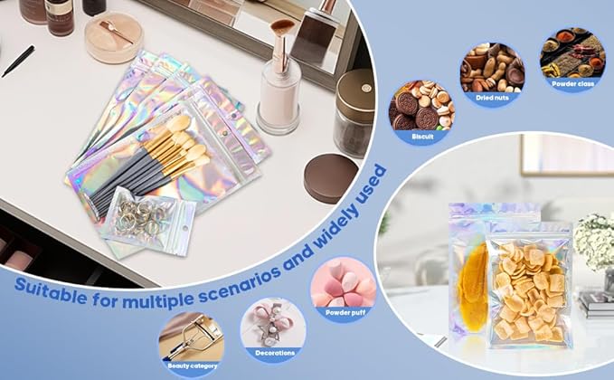 100pcs 6x9 inch Holographic Resealable Packaging Bags for Small Business Supplies- Cute Small Plastic Color Smell Proof Ziplock Foil Pouch Baggies for Lip Gloss Soap Party Food Storage