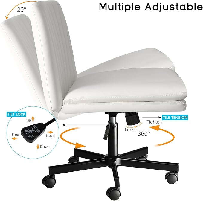 PUKAMI Criss Cross Chair with Wheels,Armless Cross Legged Office Desk Chair,PU Leather Modern Swivel Height Adjustable Wide Seat Computer Task Vanity Chair for Home Office(White)