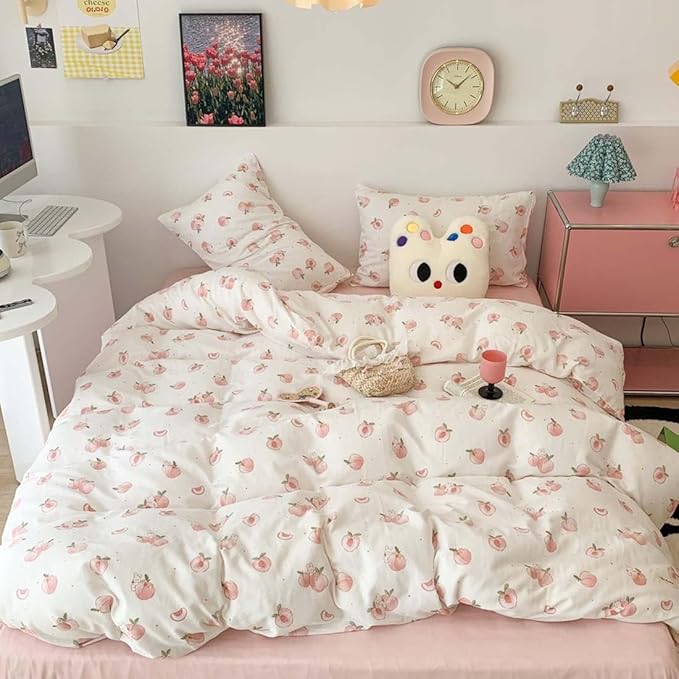 Nayoroom Pink Peach Duvet Cover Queen Size Kawaii Fruit Peaches Rabbit Printed - Image 6