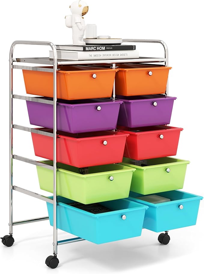 GOFLAME 10-Drawer Rolling Storage Cart, Art Craft Storage Organizer on Wheels, Multipurpose Movable Utility Cart for School, Office and Home, Multicolor