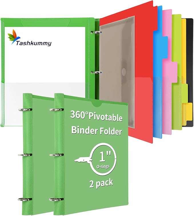 360 Pivotable Project Organizer, 2 Pack 3 Ring Binder with Colored Tab Dividers with Pockets, Customizable Front Cover Multi Pocket Folder for Home, School, Office - Green