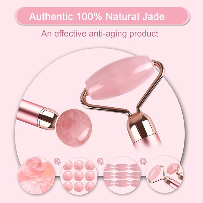 Upgrade 2 in 1 Vibrating Jade Facial Massager Roller, Electric Rose Quartz Eye - Image 2