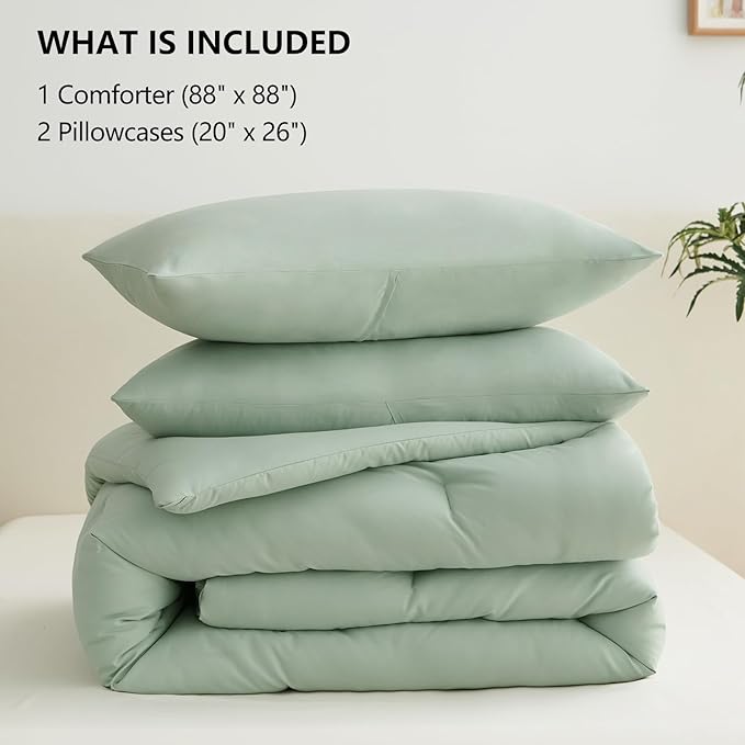 CozyLux Sage Green Queen Comforter Set, 3 Pieces Solid Breathable Quilted - Image 6