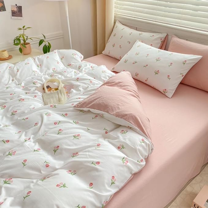 Nayoroom Pink Floral Duvet Cover Queen Size Coquette Tulip Printed on White - Image 2