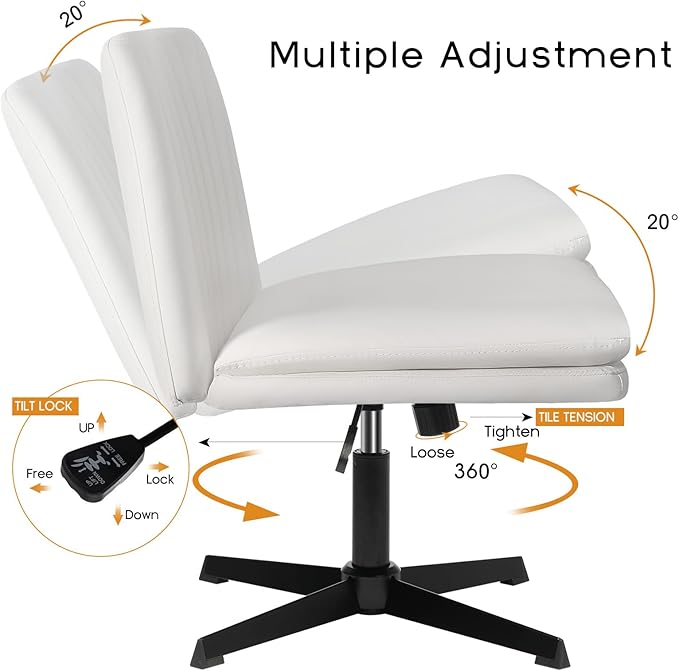 PUKAMI Criss Cross Legged Office Desk Chair No Wheels,PU Leather Modern Swivel Height Adjustable Wide Seat Mid Back Computer Task Vanity Chair for Home Office