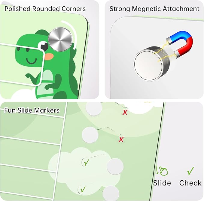 NiHome Acrylic Magnetic To Do List Planning Board with Sliders & Desktop Stand, Kids Chore Chart, Checklist Routine Chart Task Board for Fridge & Desk, For Magnetic Metal Surfaces Only(Green Dinosaur)