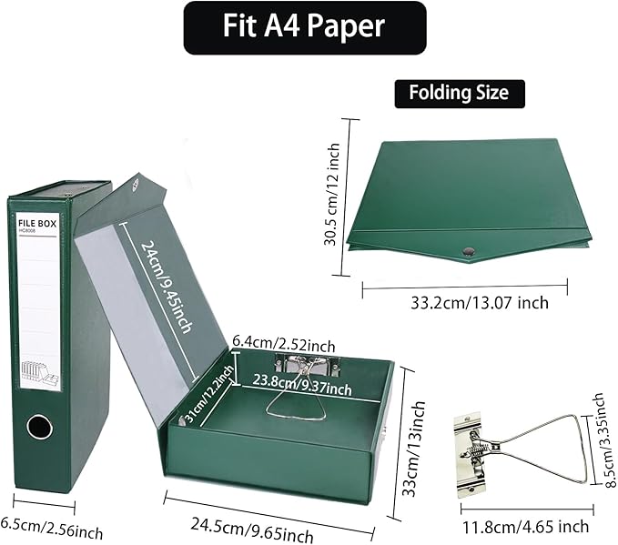 URbantin 6 Pack Foldable Plastic Box Files A4 with Metal Clip,65mm Spine,Document Archive Folders for Office（Green）
