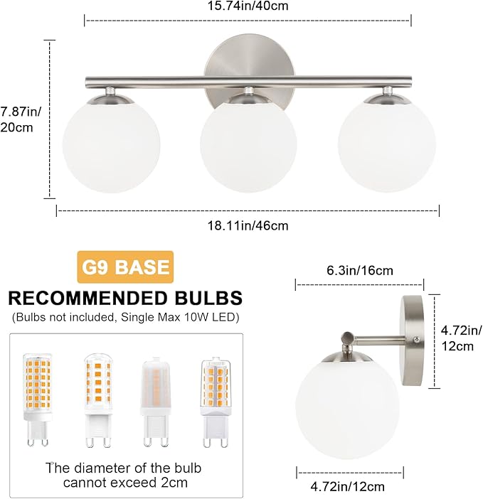 Brushed Nickel Bathroom Light Fixtures 3-Light Globe Vanity Light - Image 5