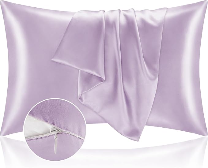 BEDELITE Satin Pillowcase with Zipper, Lavender Pillow Cases Queen Size Set of 2 by BEDELITE