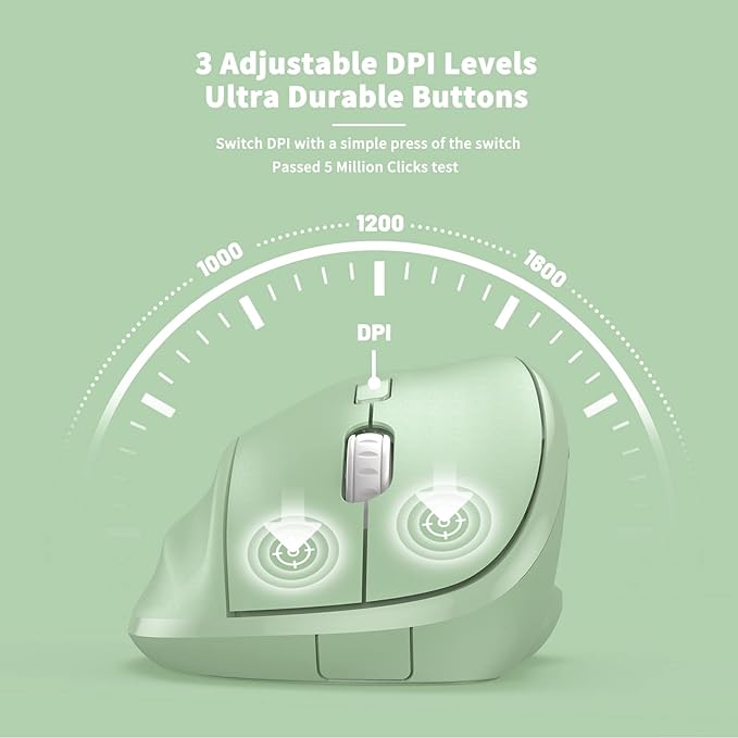 Ergonomic Wireless Mouse with USB Receiver for PC Computer, Laptop and Desktop, Ergo Vertical Mouse with Silent Clicks Long Battery Life, Up to 1600 DPI & 1 AA Battery Powered, Green