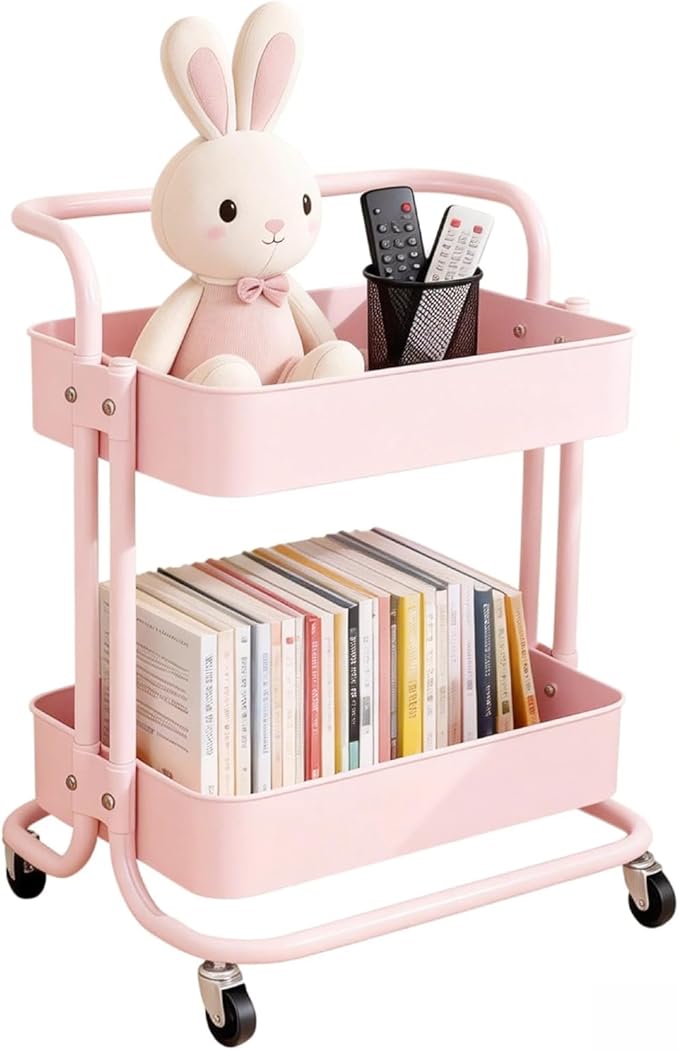 Ufriandz 2 Tier Short Rolling Cart with Wheels All-Metal Pink Pantry Storage for Kitchen,Under Desk Trolley with Handle Small Wheeled Storage Cart for Laundry Room Bathroom, Under Table Small Space