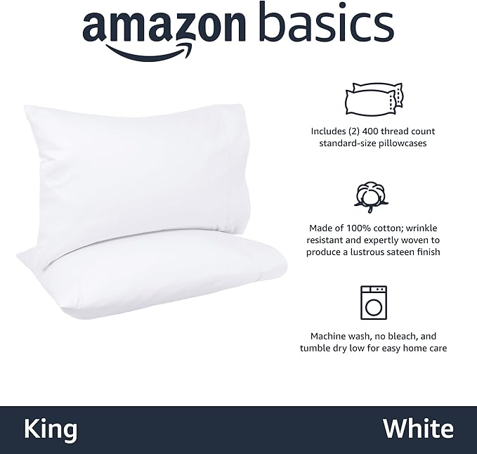 Amazon Basics 400 Thread Count Soft 100% Cotton Pillow Cases, Wrinkle Resistant - Image 2