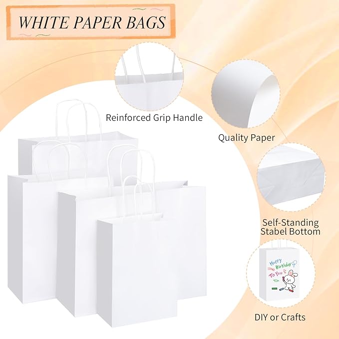 woric 120 PCS White Gift Bags with Handles, Large Gift Bags 4 Assorted Sizes White Paper Valentine's Day Bags Bulk for Gifts Small Business Retails Shopping