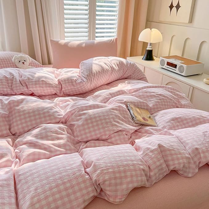 Nayoroom Gingham Duvet Cover King Size Pink White Plaid Checkered Comforter - Image 4