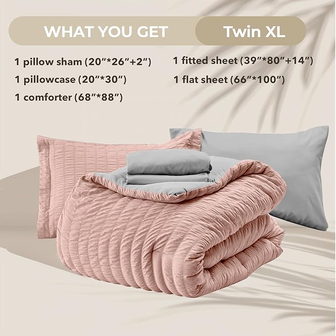 HYMOKEGE Rose Gold/Light Grey Twin XL Comforter Set Seersucker 5 Pieces - Image 6