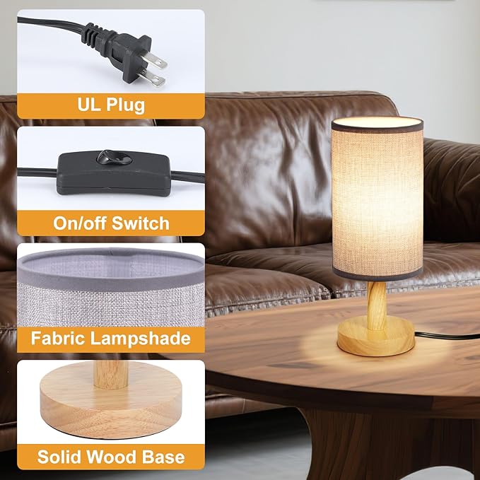 Gray Small Bedside Table Lamp for Bedroom, Natural Round Wood Base&Fabric Linen - Image 5