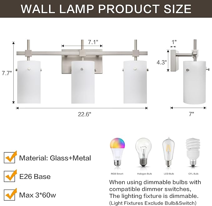 SOLFART Brushed Nickel Bathroom Light Fixtures, 3-Light Modern Vanity Light - Image 9