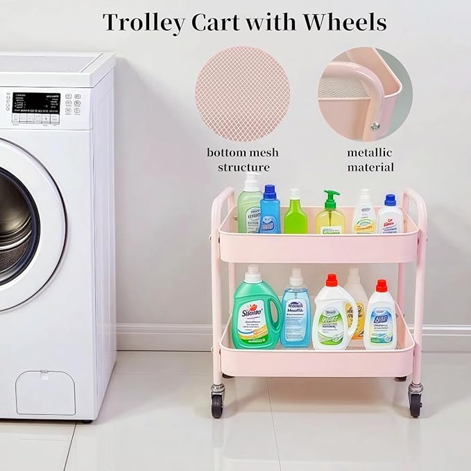 LIWNYRK 2 Tier Pink Rolling Cart with Wheels for Under Desk Storage, Large Capacity Rolling Pantry & Kitchen Storage Cart for Small Space, Sturdy Metal Bathroom Shelf Laundry Room Organization