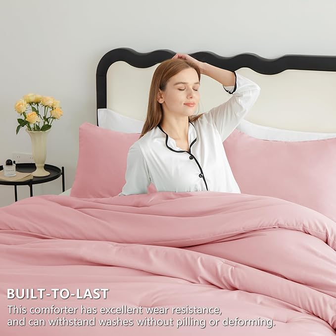 CozyLux King Size Comforter Set Pink, 3 Pieces Solid Comforters King Size - Image 3