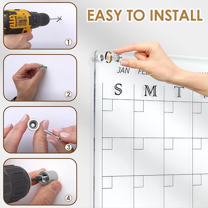 MAKELLO Acrylic Calendar for Wall 24" x 18", Clear Dry Erase Calendar for Office, School, Home, Bedroom, 4 Pens, Pen Holder, Wall-Mount Screws