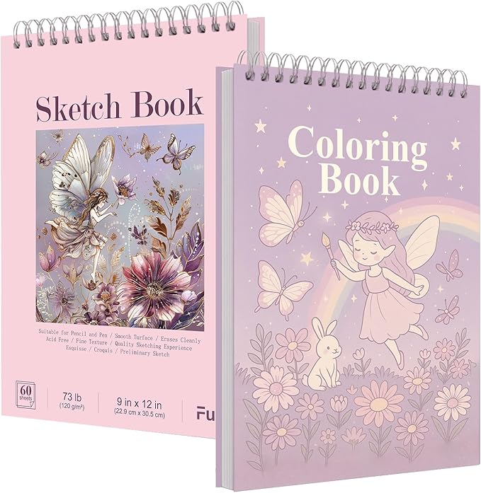 Fuxi Coloring Books for Girls, 60 Sheets (73lb/120gsm) Blank Sketch Book + 50 Designs Blank Coloring Book, Stocking Stuffers for Kids 8-12 Girls.