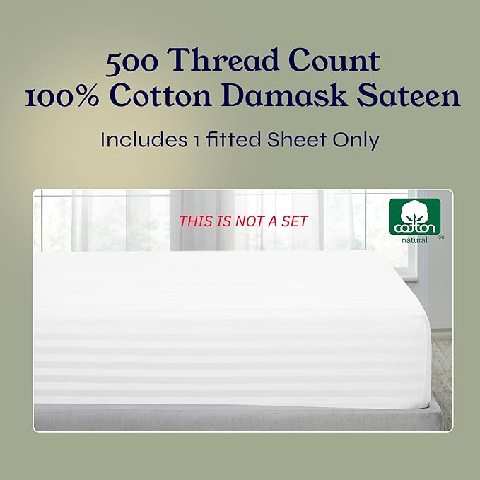 California Design Den Cotton Sateen Damask Stripe Queen Size Fitted Sheet Only - Image 5