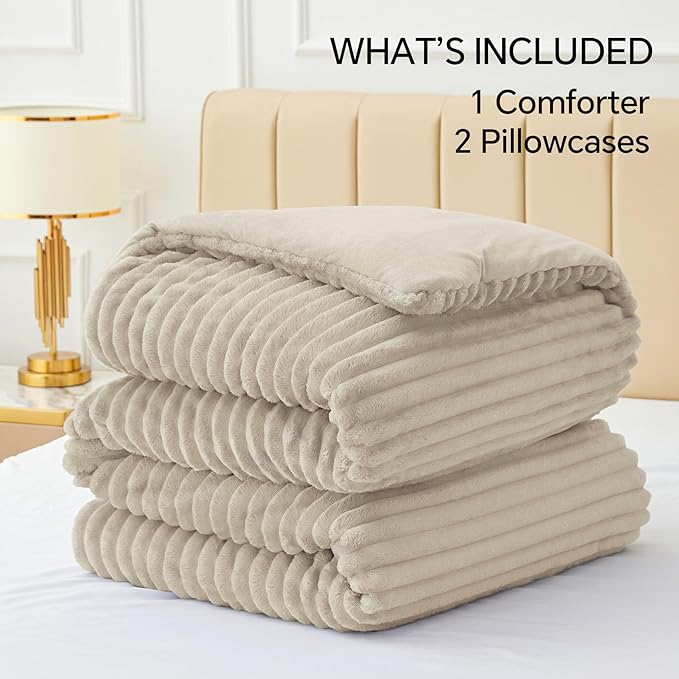 BEDELITE Fleece Queen Comforter Set -Super Soft & Warm Fluffy Linen Bedding - Image 6