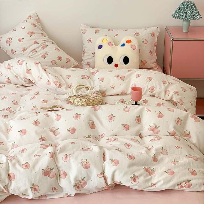 Nayoroom Pink Peach Duvet Cover Queen Size Kawaii Fruit Peaches Rabbit Printed - Image 5