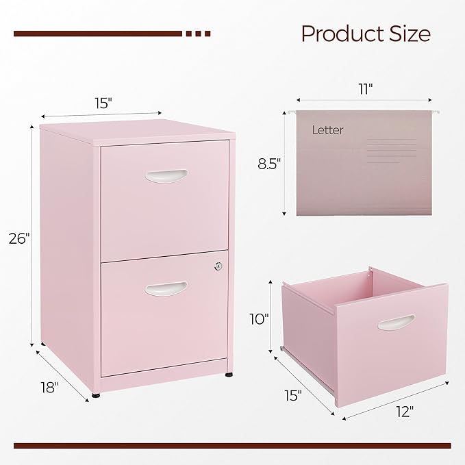 Kubohogar 2 Drawer File Cabinet with Lock,Pink Metal Filing Cabinets,Vertical Locking File Cabinet Fit Hanging Files, Letter,File Box and A4 Documents(Pink)